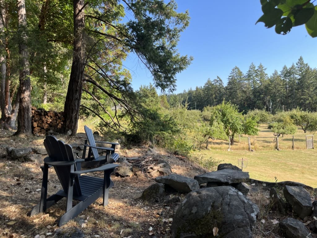 Rural acreage property with seating overlooking orchards and open land, representing the lifestyle, privacy, and responsibilities of country living.