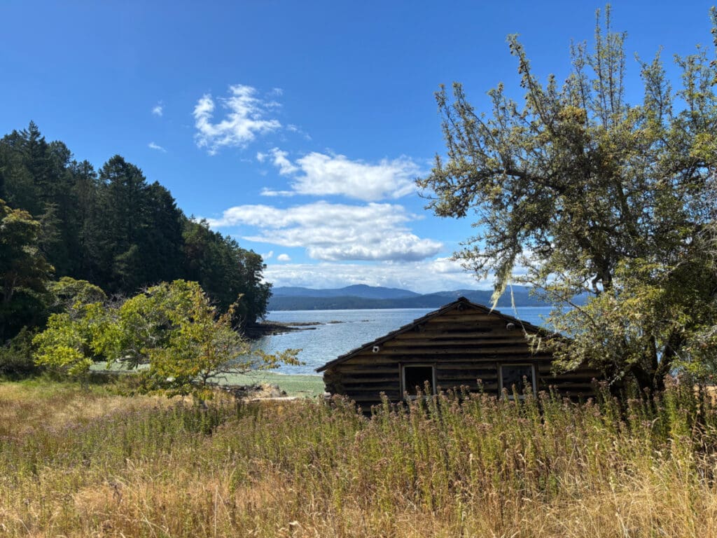 Waterfront cabin with ocean views and natural surroundings, showcasing the appeal of island living on the Gulf Islands.