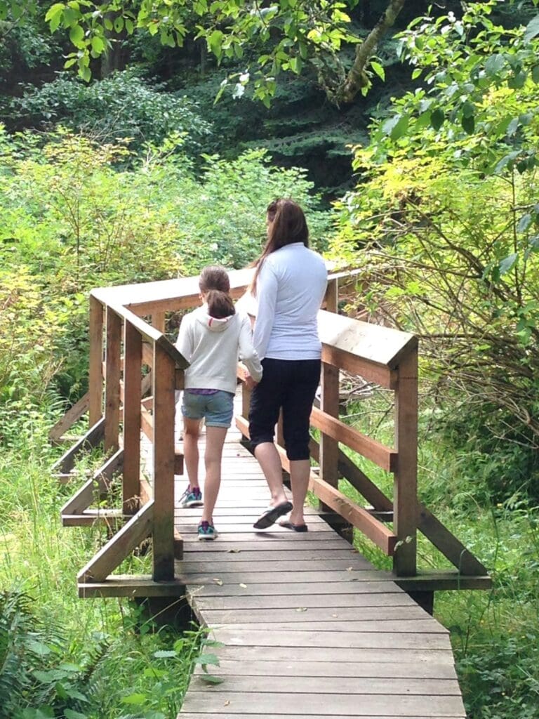An adult and a child walk together across a wooden footbridge surrounded by green foliage in a natural outdoor setting.